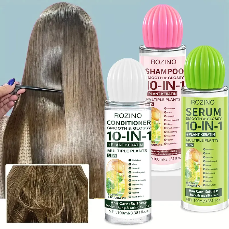 【Three-bottle pack】ROZINO 10-in-1 Plant Keratin Hair Care Set - Shampoo Conditioner & Serum 3-Piece 100ml Each for Hydration Smoothing Shine Repair