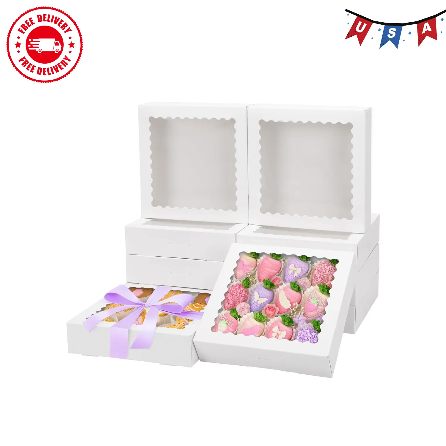 12pcs Bakery Boxes, 8x8x2 Inches Auto-Popup Cookie Boxes with Window