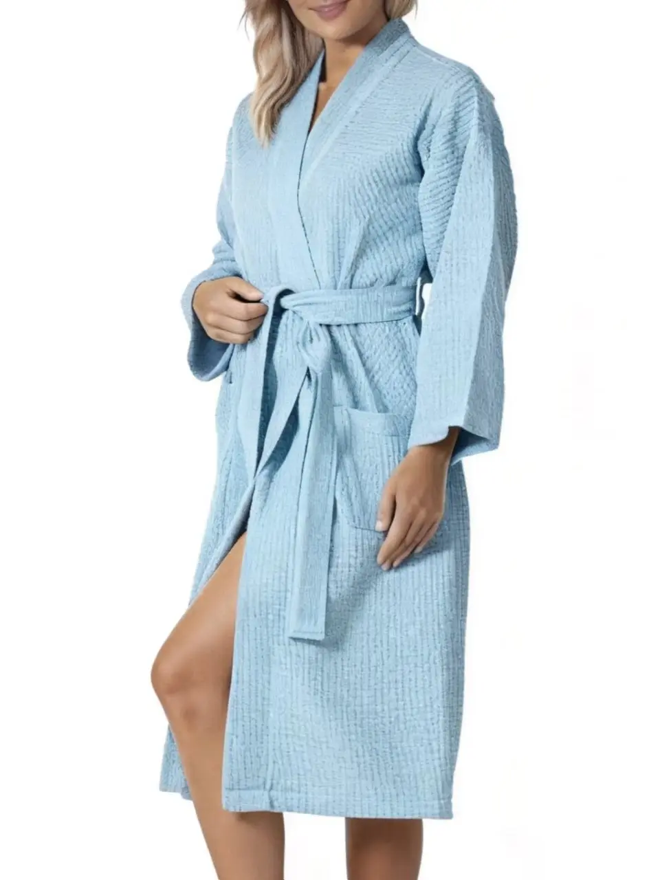 Women Robe – Lightweight V-Neck Kimono Waffle Knit Bathrobe, Long Sleeve Wrap Gown with Belt Tie & Pockets, Soft Comfortable Home Wear, Breathable Loungewear, Stylish Loungewear, Cozy Home Loungewear, Casual Home Clothes, All-Season Nightgown Gift