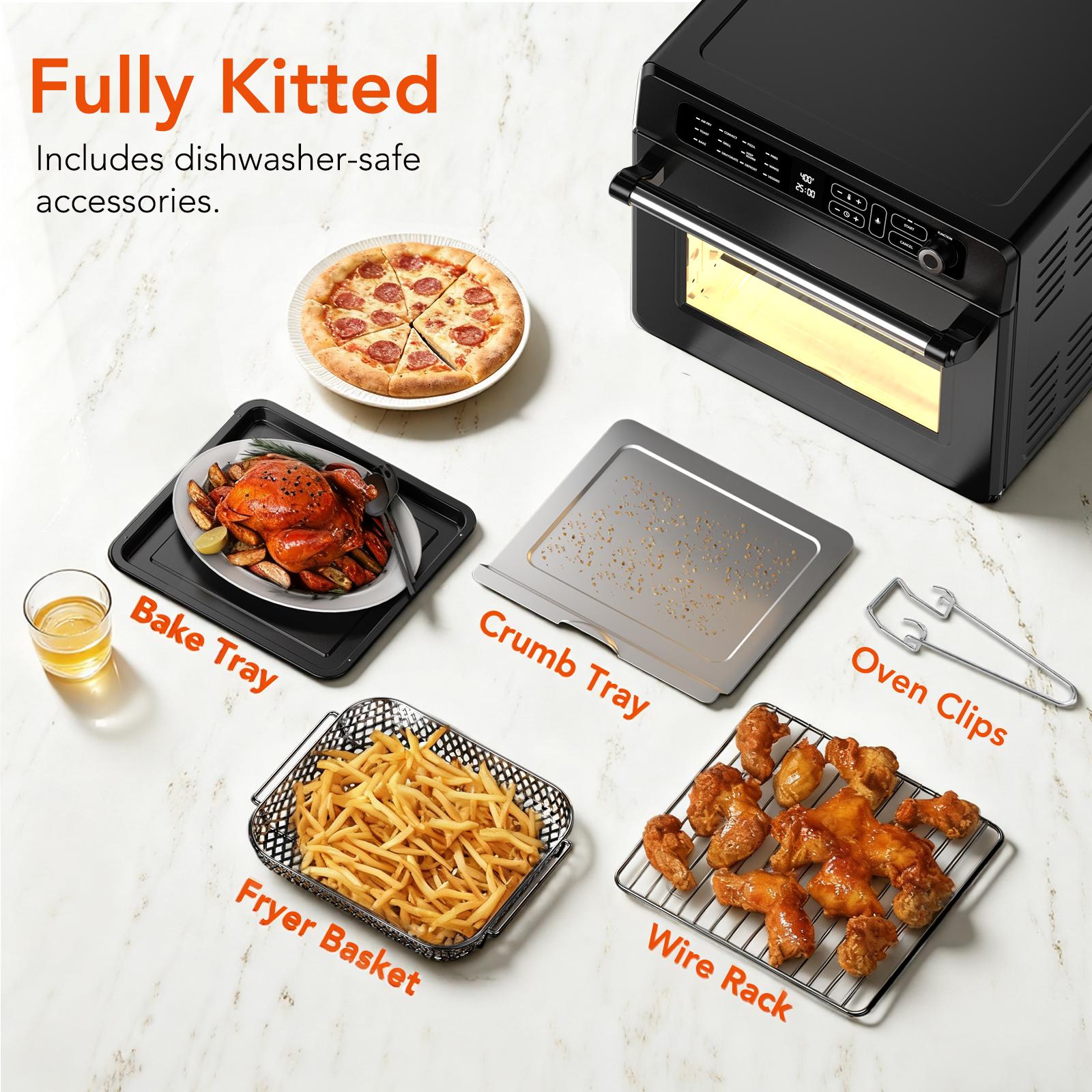 COWSAR Air Fryer Toaster Oven, 25QT Air Fryer Toaster Oven Combo, 12-in-1 Digital Countertop Natural Convection Roast Bake Dehydrate and Reheat 1750W Stainless Steel, Black