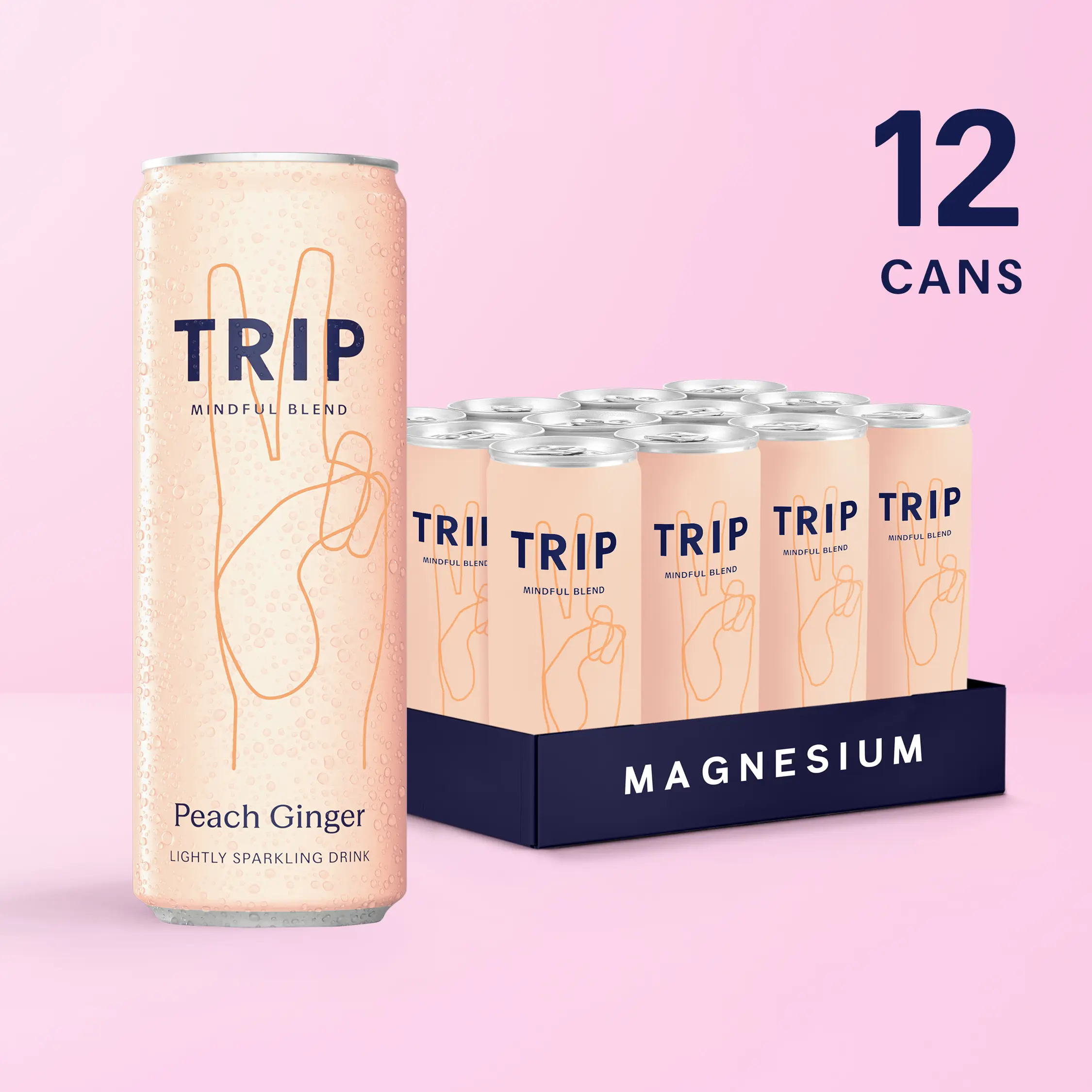 TRIP Peach Ginger Sparkling Magnesium Drink — 120mg Magnesium, Ashwagandha, Lion's Mane, L-Theanine, Non-Alcoholic, Low Calorie, Vegan (12-Pack, 12oz)