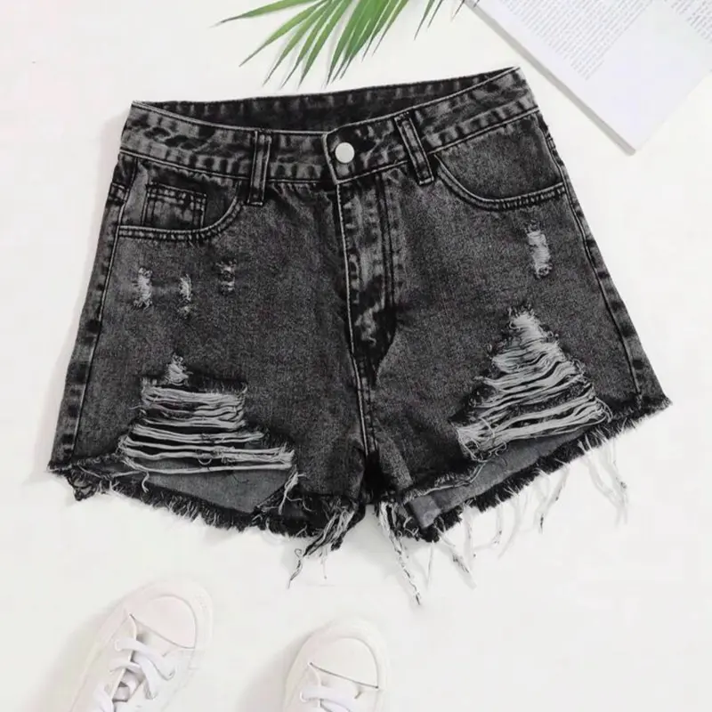 Women's Casual Ripped Denim Shorts, Comfortable Distressed Style with a Stylish Fringed Raw Edge Hem Trim