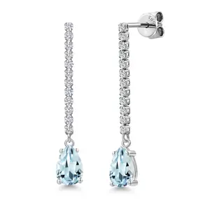 Gem Stone King 14K White Gold Gemstone Birthstone and White Lab Grown Diamond Long Liner Teardrop Dangle Earrings for Women | Pear Shape 8X5MM | White Gold Chain Drop Earrings