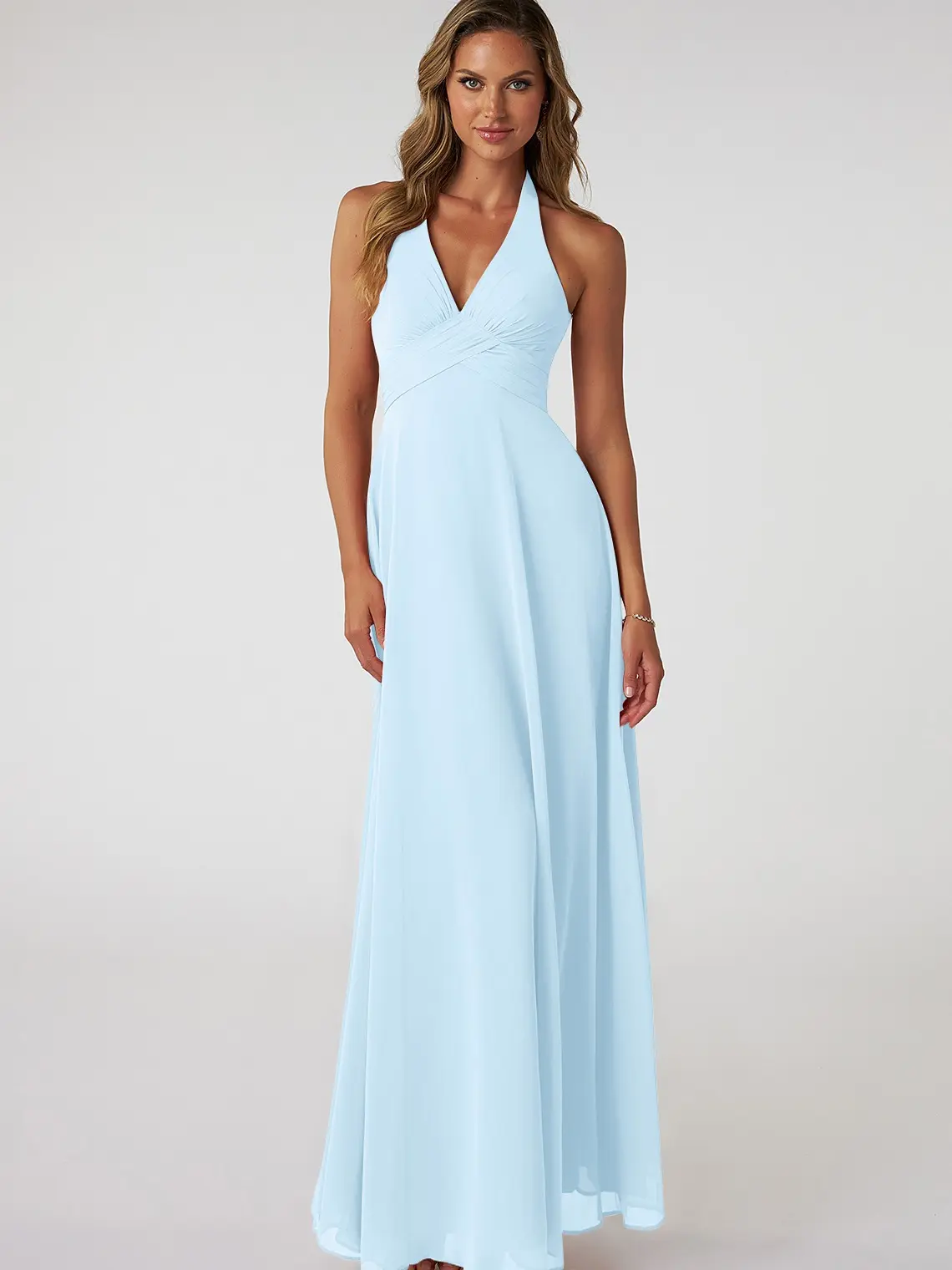 Azazie Tessie A-Line Halter V-Neck Pleated Empire Bridesmaid Wedding Guest Formal Dress, Party, Women
