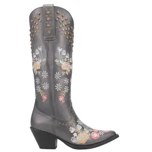 Dingo Womens Poppy Floral Embroidered Metallic Studded Snip Toe  Casual Boots Knee High Mid Heel 2-3" - Grey