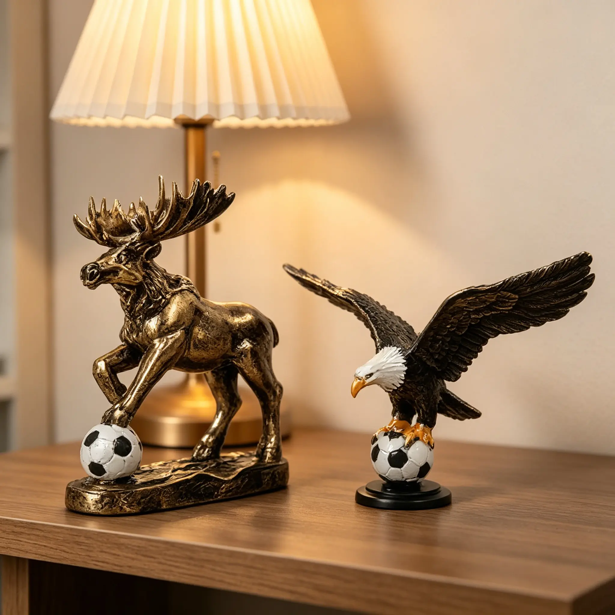 Retro Metallic Gold Resin Soccer Collectible Figurines - 2-Sided Sculpted Statue (Eagle, Moose, Birds), Boxed Tabletop Desk Ornaments, Home Office Decoration Figure, Creative Sports Fan Gift