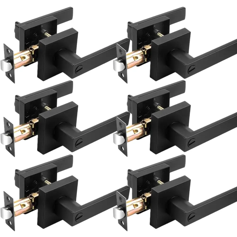 6 Pack Matte Black Door Handles, Keyless Interior Door Knobs, Heavy Duty Square Door Lock, Flat Square Privacy Door Handles, Keyless Door Levers Lockset for Bedroom and Bathroom
