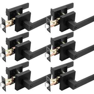 6 Pack Matte Black Door Handles, Keyless Interior Door Knobs, Heavy Duty Square Door Lock, Flat Square Privacy Door Handles, Keyless Door Levers Lockset for Bedroom and Bathroom