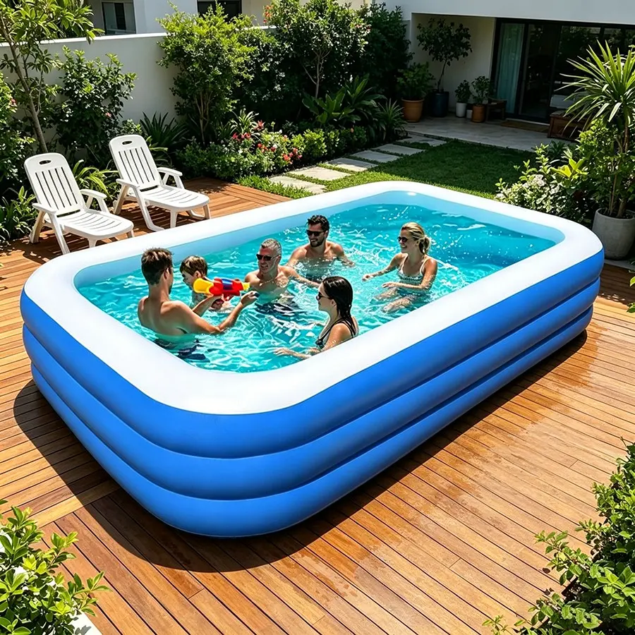 3-Layer Blue Inflatable Pool, 120x68x22 Inches, Durable Above-Ground Swimming Pool, Indoor Outdoor Summer Party Pool, Lawn & Backyard Use