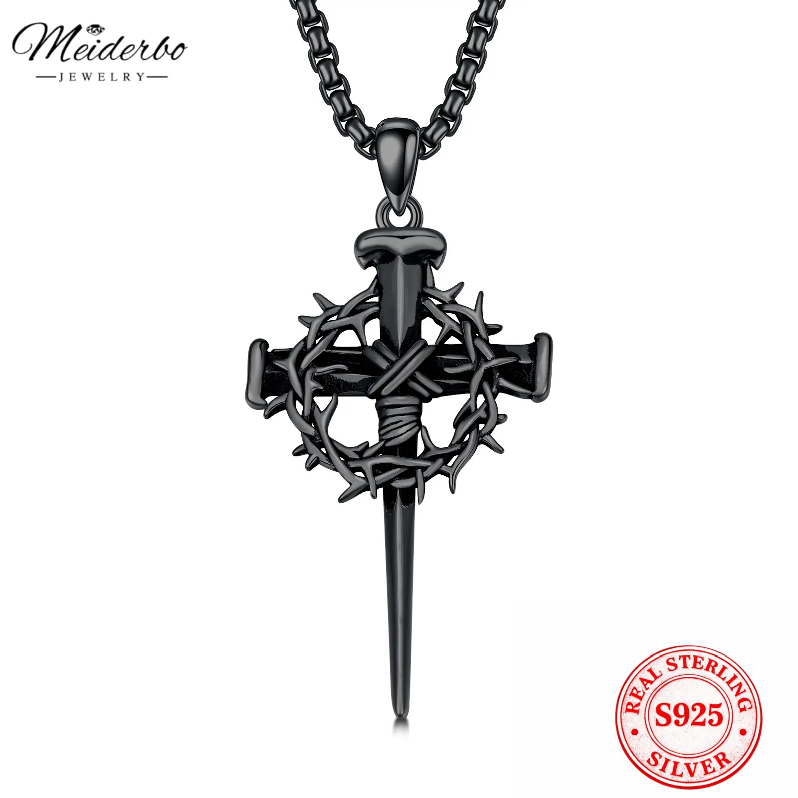 MEIDERBO Thorn Faith Cross Necklace, S925 Sterling Silver Crucifix Pendant, Durable Stainless Steel 22+2in Chain, Spiritual Christian Charm Jewelry for Women, Religious Embellishment Accessory, Durable Daily Necklace