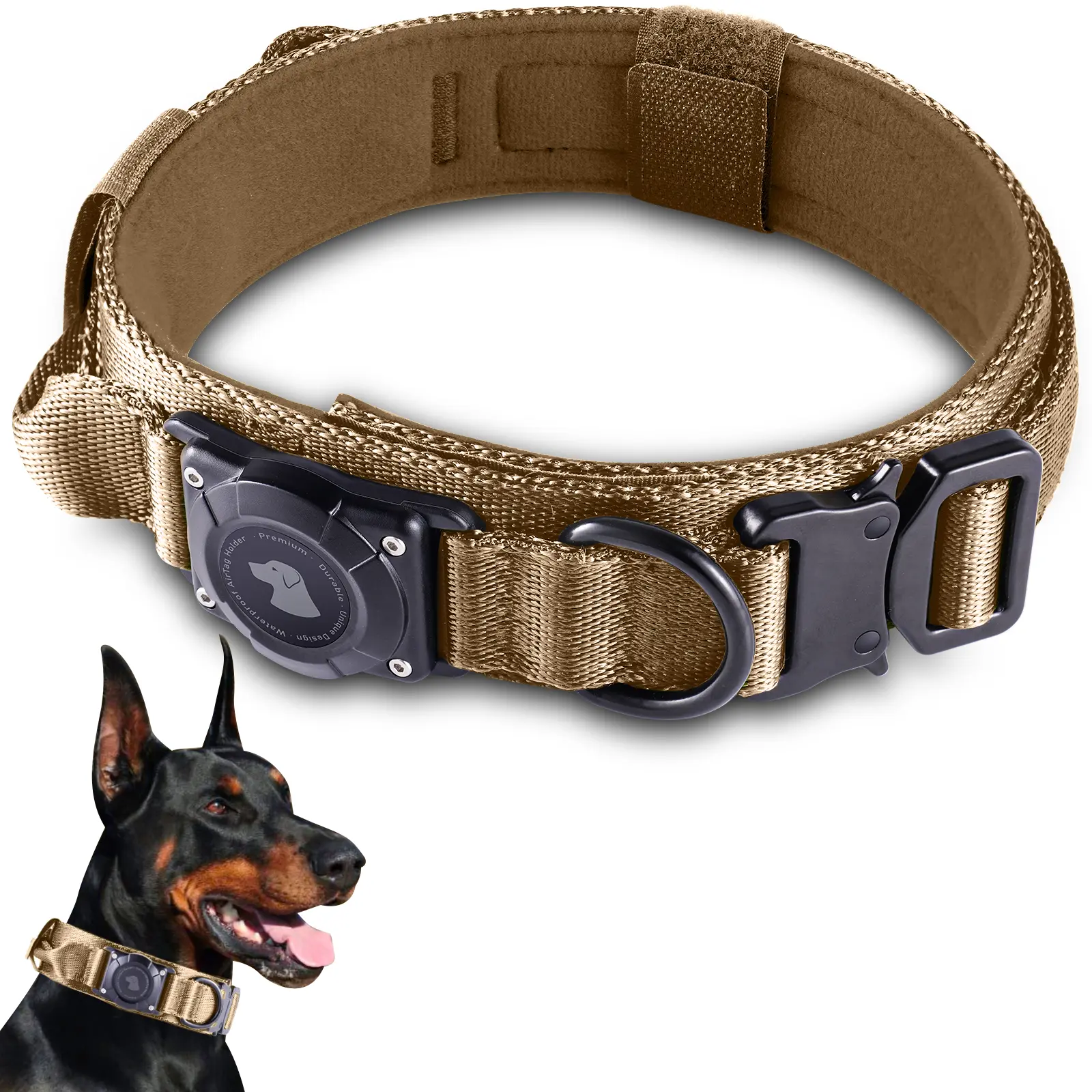 2026 Upgrade Waterproof AirTag Dog Collar, Military Tactical Dog Collar with AirTag Holder, Comfortable Control Handle and Metal Buckle, GPS Dog Collar Holder for Medium to Large Dogs (Khaki,L)