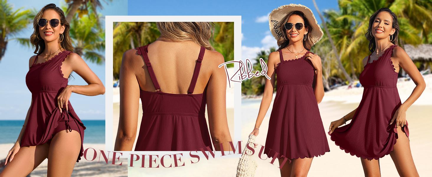 Charmo Ribbed One Shoulder Swim Dress Scalloped Tummy Control Swimsuits for Women Swimwear Built-in Side Tie and Briefs