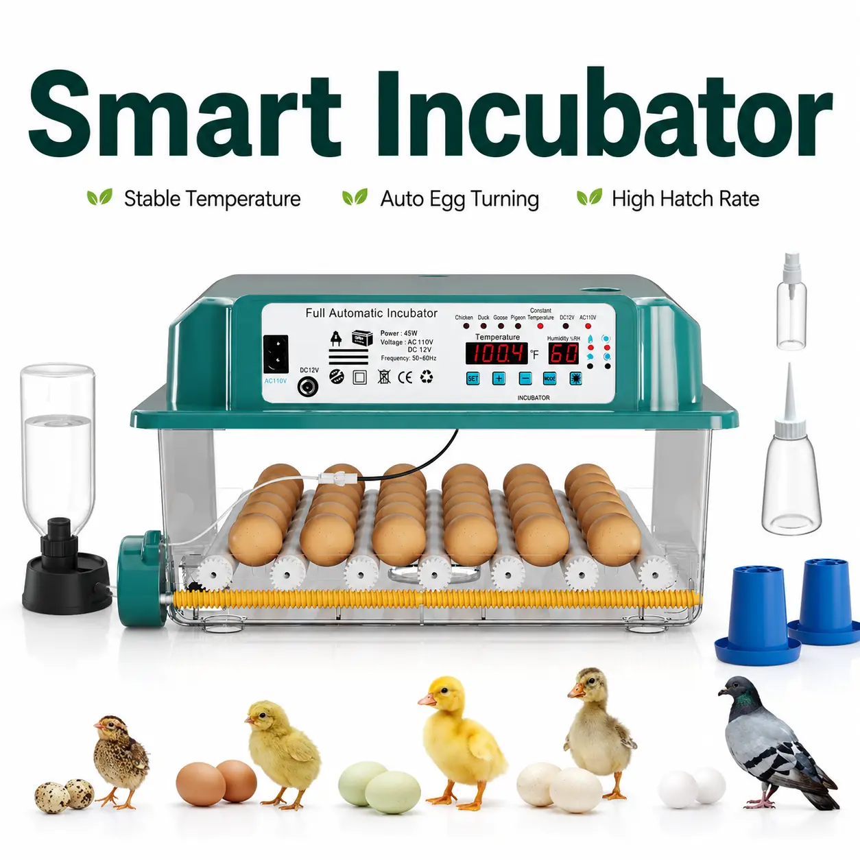 36-Egg Professional Fully Automatic Poultry Incubator for Chicken, Goose - 360° Auto Egg Turning, Intelligent Stable Temp Control, Dual 110V AC-12V DC Power Supply, ABS Plastic, Universal Adjustable Spacing, Visual Humidity