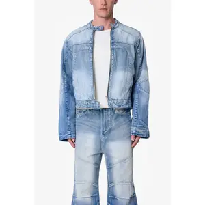 mnml Paneled Moto Denim Jacket - Washed Blue
