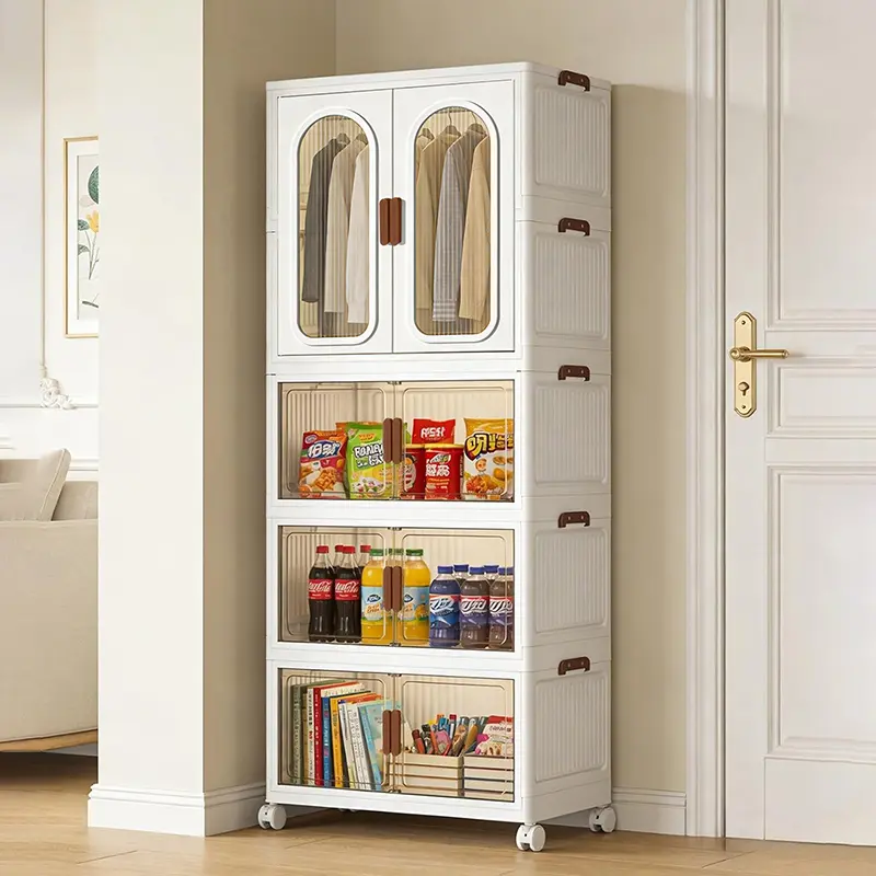 27.6 in/70cm Foldable Rolling Plastic Wardrobe with Swivel Wheels, Stackable Closet Organizer with Hanging Rod & Magnetic Clear Doors, Dustproof Armoire for Bedroom Dorm, 2/3/4 Tier Collapsible Dresser, Movable Linen Toy Storage for Small Apartments