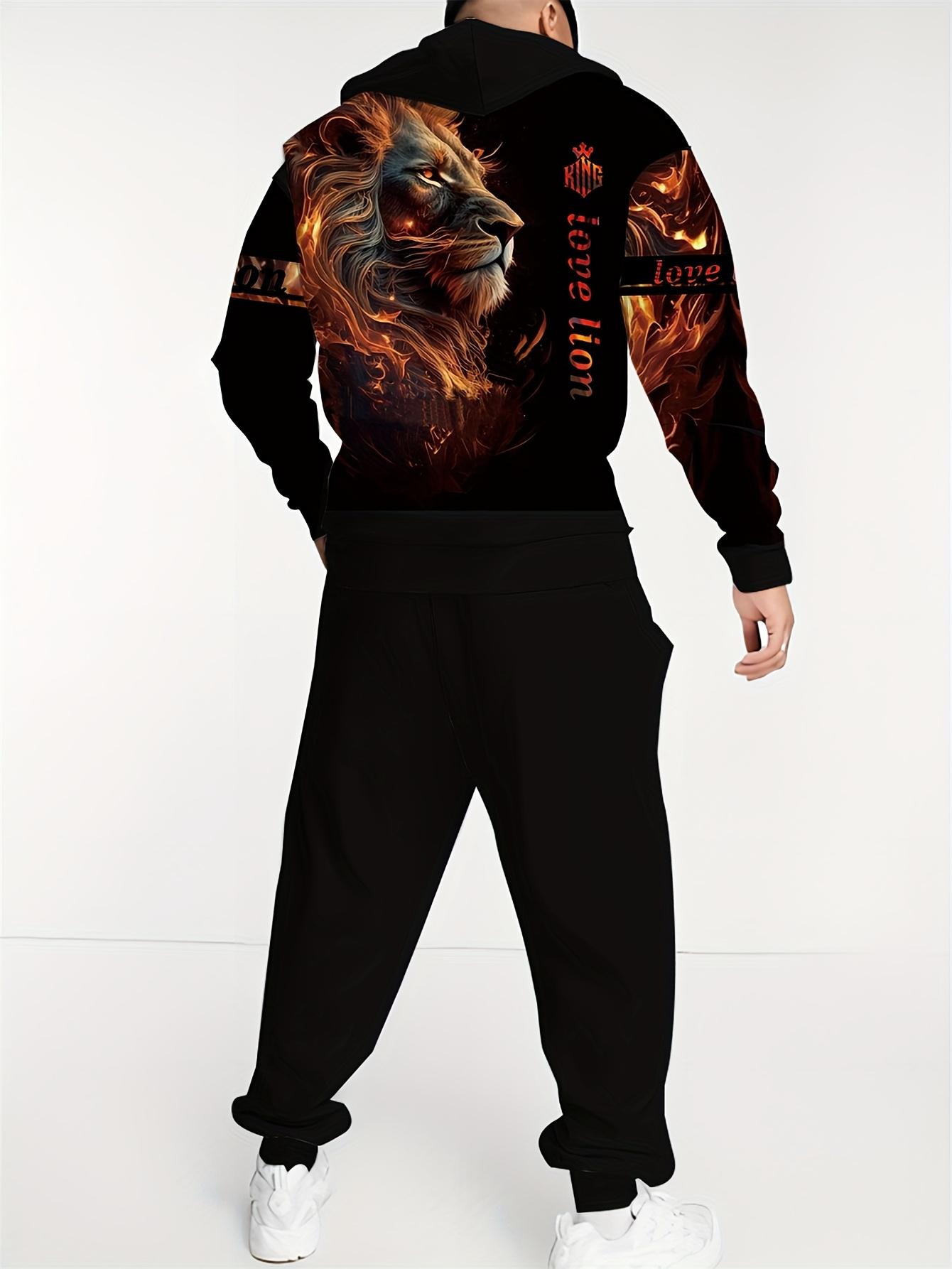 Men's 3D Lion Print Hooded Sports Jacket and Pants Set Casual Sportswear, Hooded Long Sleeve Top with Pocket Design, Regular Fit Knitted Fabric, Comfortable for All Seasons, Animal Pattern