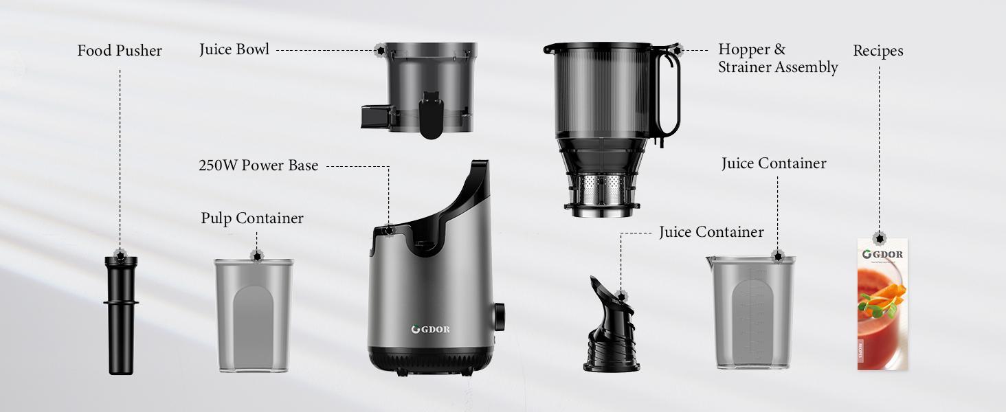 GDOR Cold Press Juicer with 5.3" Wide Feed Chute 150NM Powerful Motor Slow Masticating Extractor High Juice Yield Easy to Clean Fits Whole Fruits & Vegetables Black