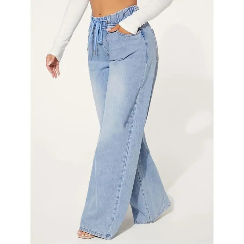 Women's Jeans Chic Womens Blue Drawstring Jeans - Comfort Elastic Waist, Relaxed Baggy Style, Distressed Washed Wide Legs - Premium Denim Clothing