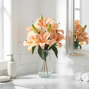 GAOMON Faux Lily Flowers with Vase, 6 Heads Full Bloom Lily & 3 Buds, Long Stem Artificial Stargazer Lilies, Faux Tiger Bouquets in Glass Vase for Home Hotel Flower Arrangement Party Decor, Champagne