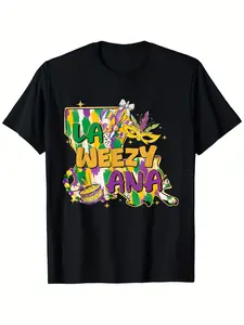 100% Cotton Mardi Gras La Weezy Ana New Orleans Carnival T-Shirt - Limited Edition Black Graphic Tee with Louisiana State Outline, Yellow Letters Purple Accents - Soft Breathable Crewneck Shirt for Mardi Gras Parties, Casual At