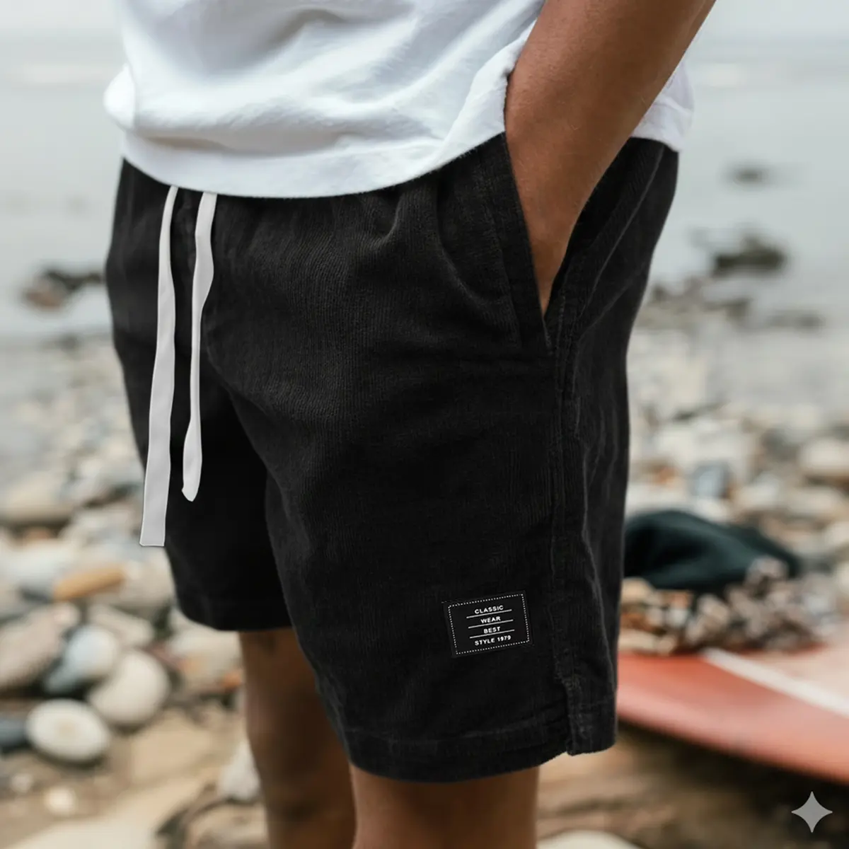 Men's outdoor shorts, loose version, sports style, solid color inelastic, polyester fabric, multi-pocket design waist belt drawstring, casual five-point pants are suitable for men's summer