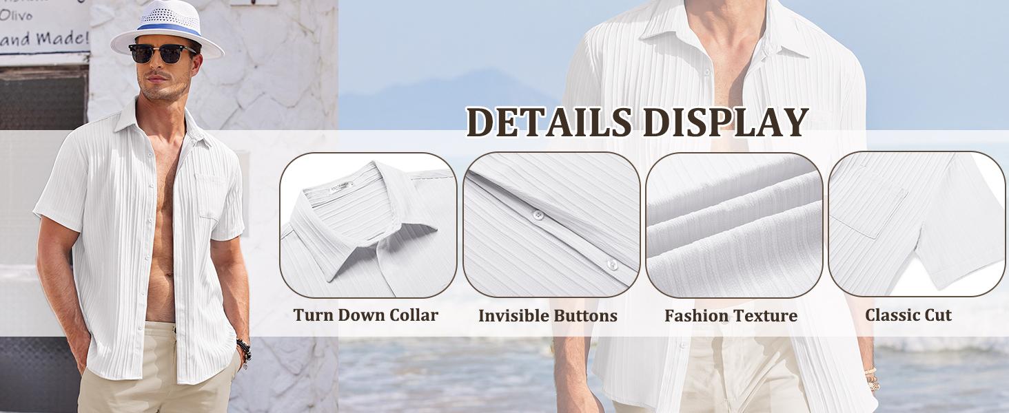 Coofandy Men's Casual Button Down Shirt - Navy Blue Textured Short Sleeve Fitted Collared Neck Summer Beach Top for Men - Canvas