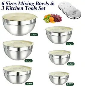 9pcs Stainless Steel Mixing Bowls Set with Lids Set, Nesting Storage Bowls for Kitchen with 3 Greater Attachement, Size 4.5, 3.5, 2.1, 1.5, 1.1, 0.7 QT for Salad Cooking Home Tableware