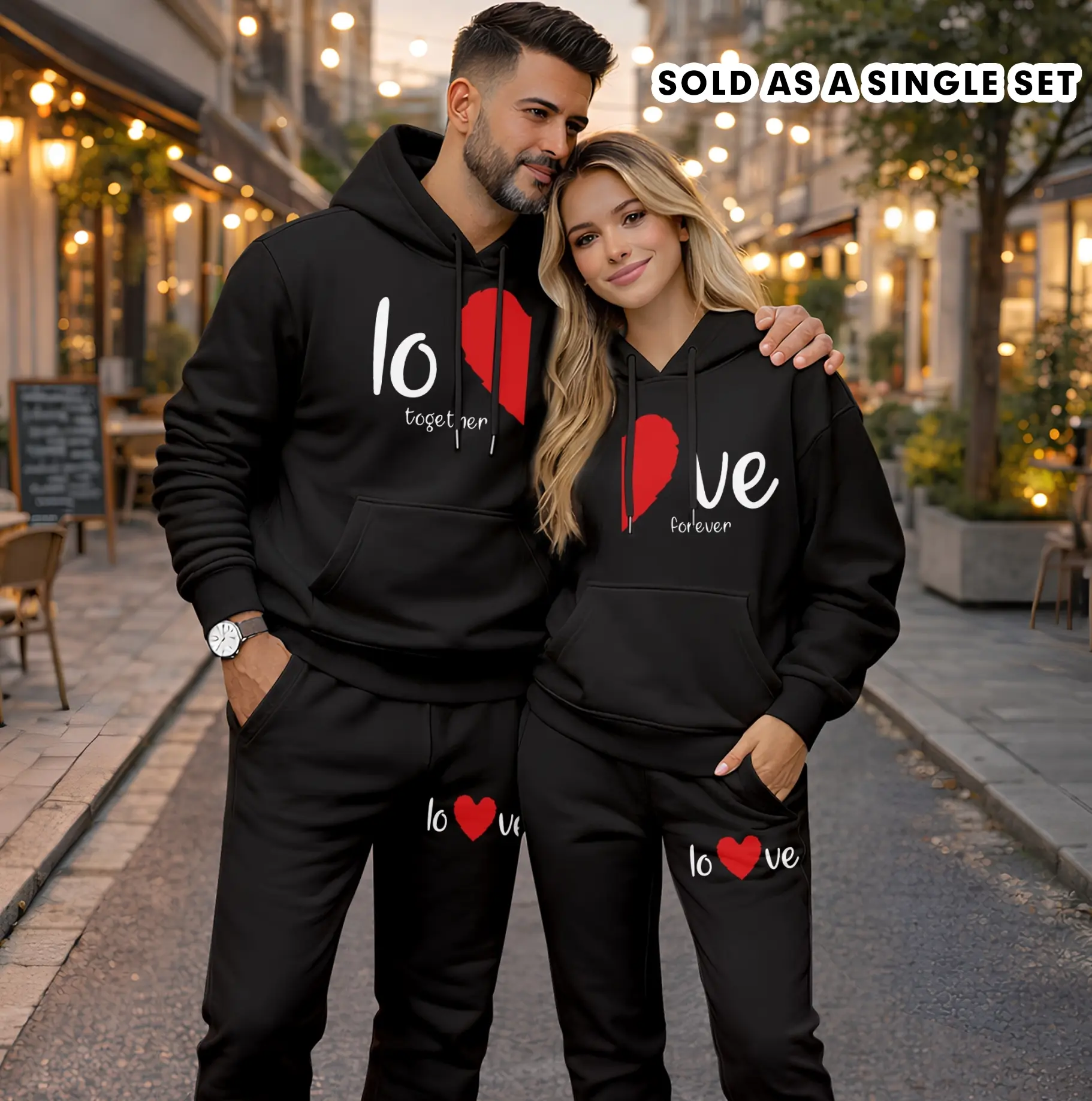 Couple's LOVE Print Hooded Sweatshirt and Drawstring Sweatpants Set (Sold as a Single Set), Casual Sportswear, Long-Sleeve Hooded Jacket and Pants, Suitable for Autumn and Winter, Everyday Wear, Tracksuit, Casual Athletic Wear