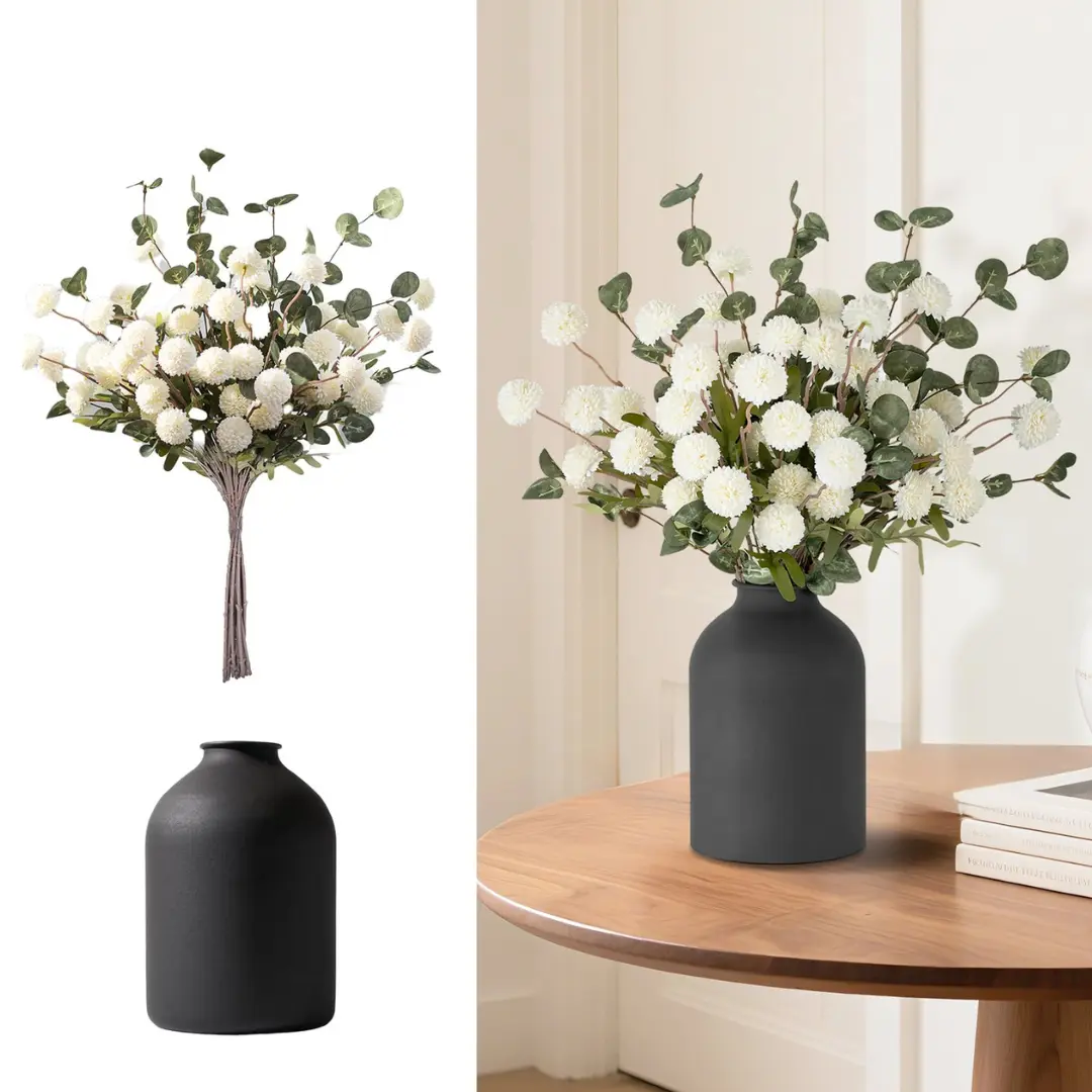 Artificial Flowers in Vase for Centerpieces: Vase with 12 Stems of Mums Kiku Flowers Eucalyptuses Faux Pom Poms Floral Arrangements for Kitchen Island Entryway Table,dorm decor,dorm room decor