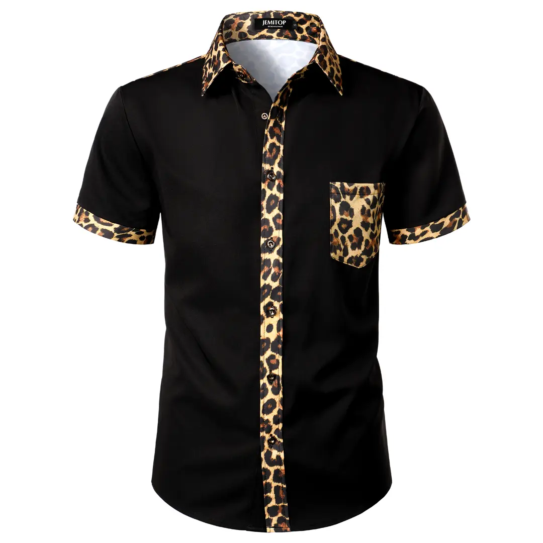 JEMITOP Men's Retro Look Leopard Print Shirt, Slim Fit Shortsleeve Button Front Menswear, Stretchy Casual Wear, Slim Cut, Stretch Fabric