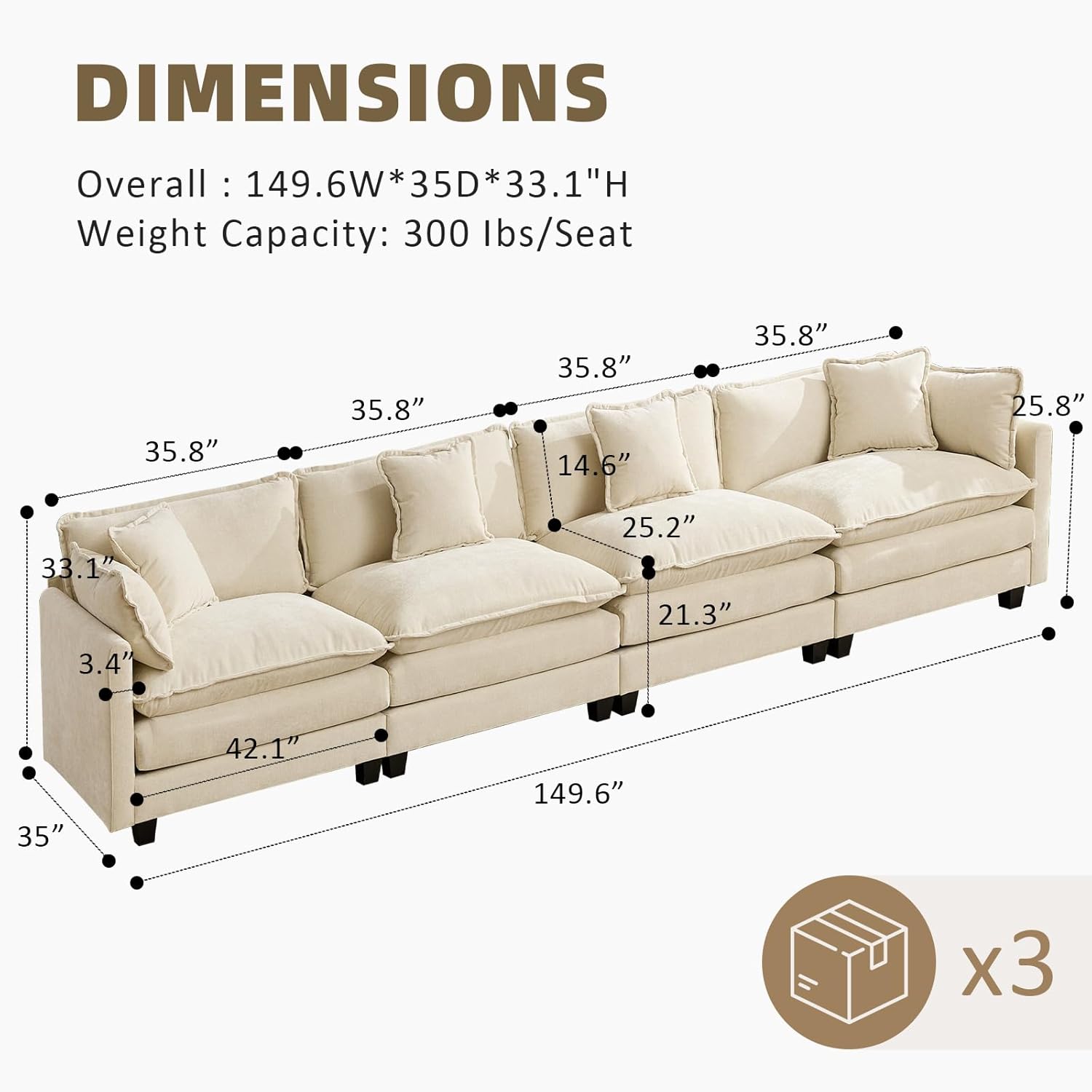 149.6” Modular Sectional Sofa Couch Oversized Convertible Couches 4 Seater Chenille Deep Seat Cloud Couch with Pillows for Living Room, Apartment, Office, Beige