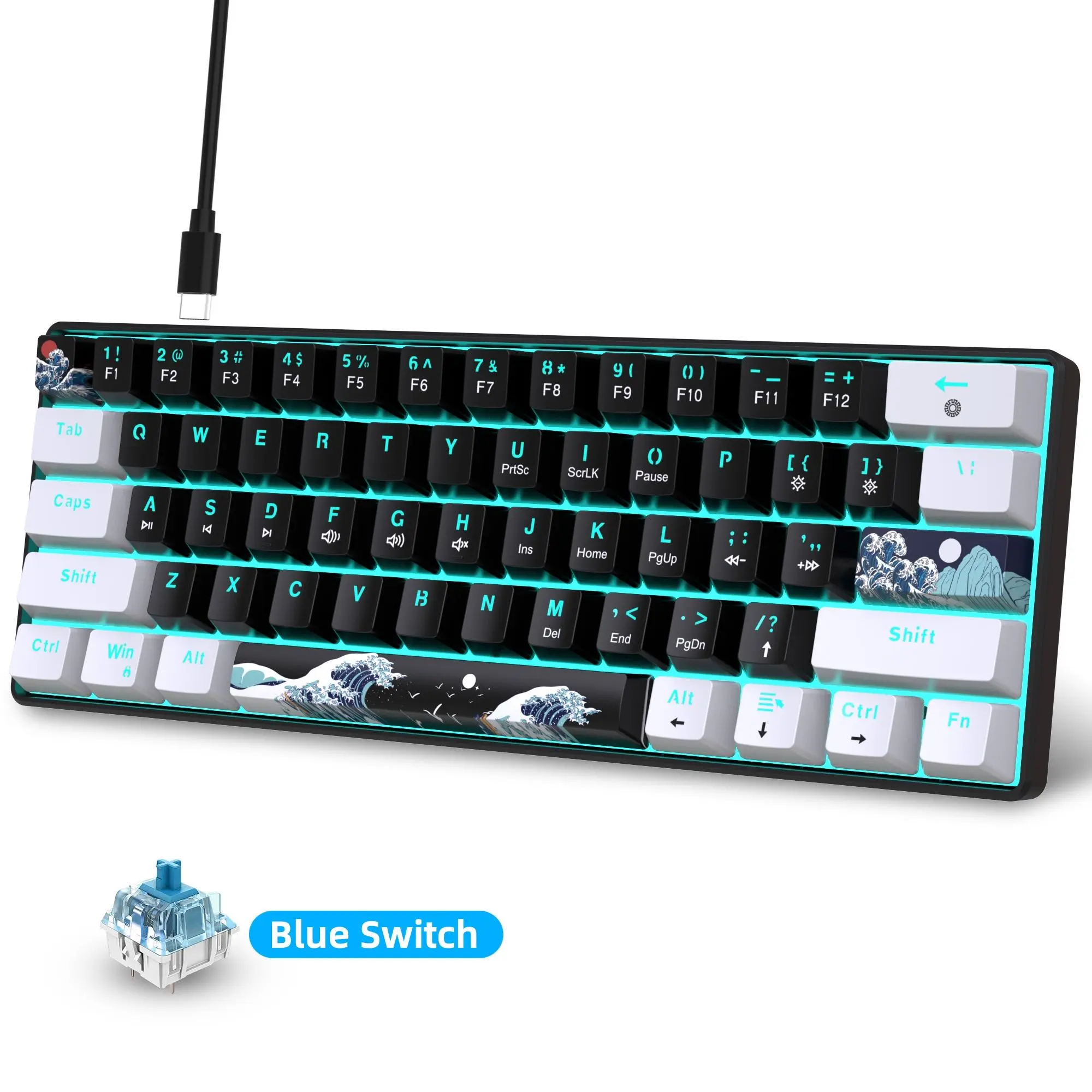 Wired 60% Mechanical Keyboard, Tactile Feedback with Blue Switch & Sea Blue Backlit, Portable Compact 61-Key Gaming Keyboard for Gamer, Durable PC Accessories