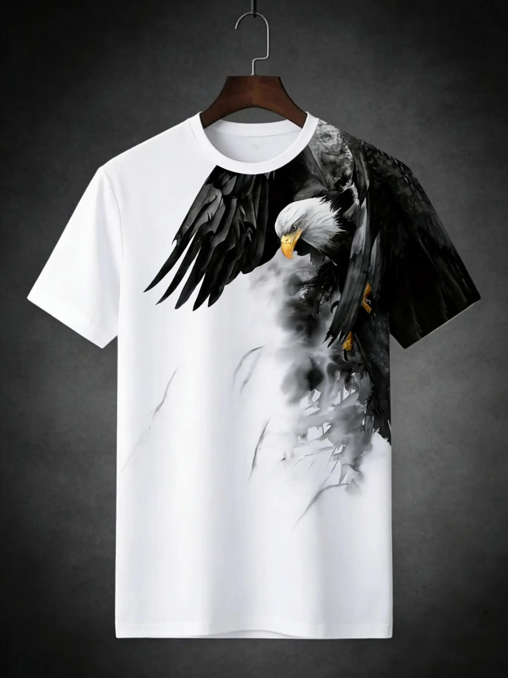 Men's Summer Casual Eagle Printed T-shirt - Lightweight Polyester Fiber, Round Neck, Short Sleeve, Machine Washable, Outdoor Pattern T-shirt, Dynamic Color Design