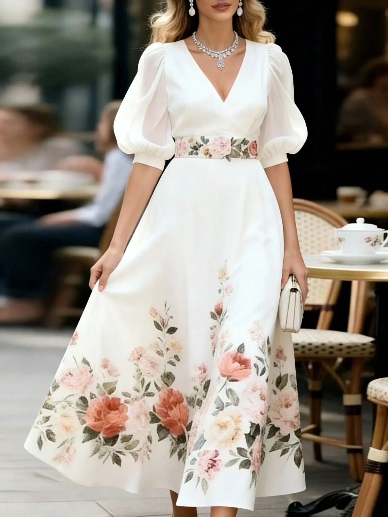 French Rose Floral Print Midi Dress, V Neck Bubble Sleeve, Elegant Fitted Feminine Design, Perfect for Dates, Anniversary, Weddings, Bridal, Cocktail, Evening Party, Tea Time, Travel, Daily Wear