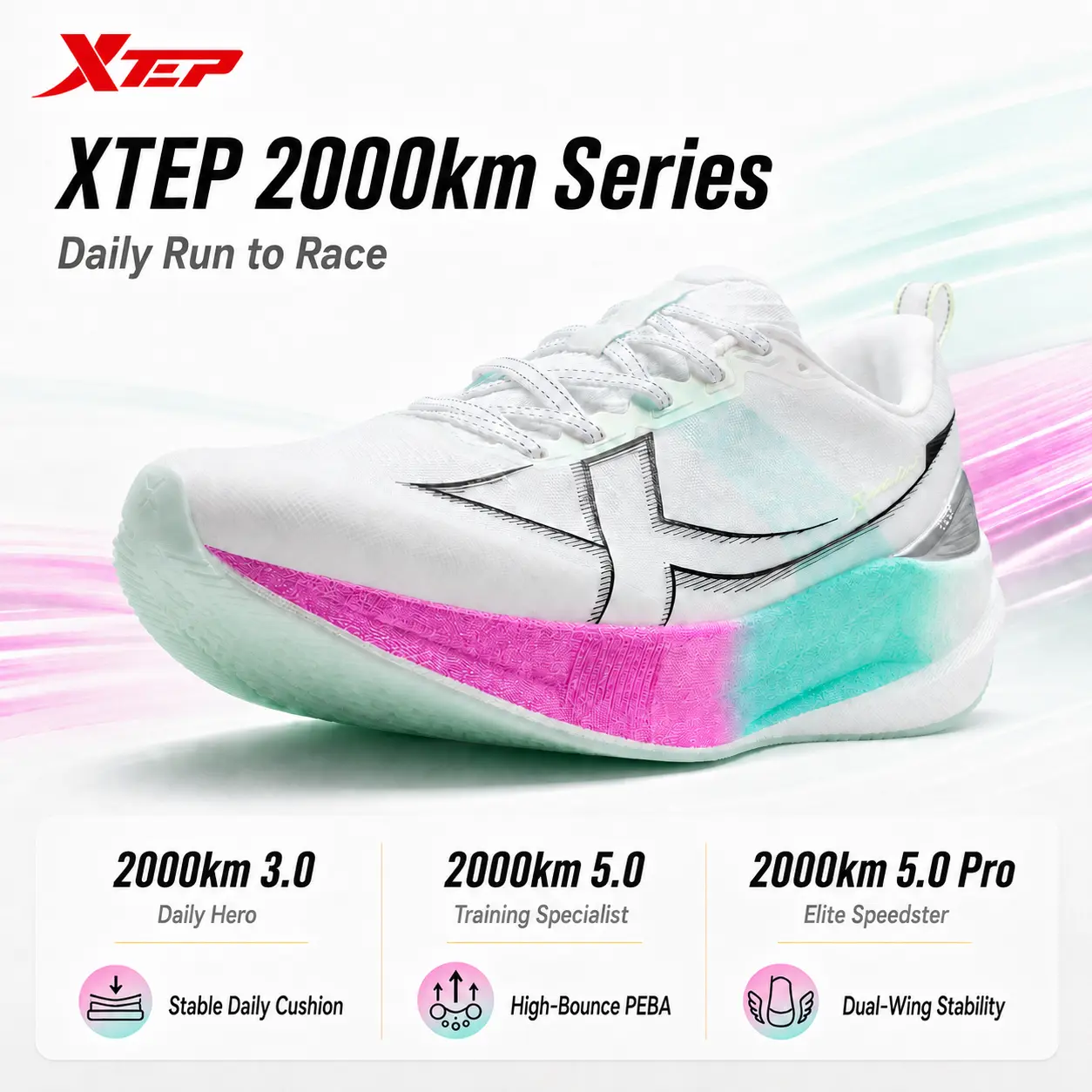 XTEP 2000km 3.0/5.0/5.0 Pro Men's Pro Running Shoes | Breathable Training Sneakers for Jogging & Marathon, ACE Midsole Comfort