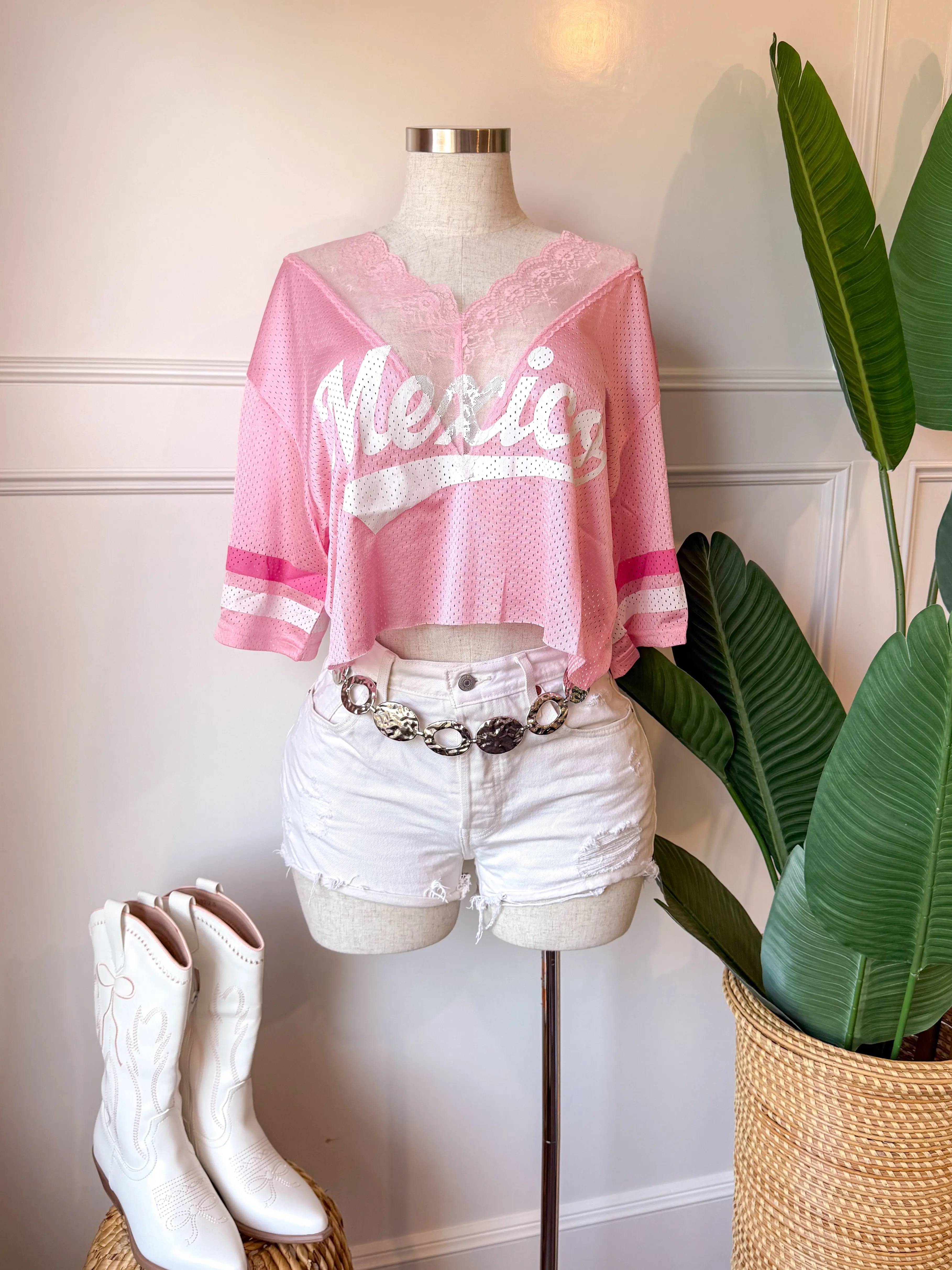 Mexico Lace Crop Jersey (Pink)