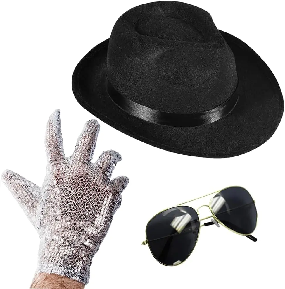 Kids' & Adults' Polyester Michael Cosplay 3-Piece Costume Accessories Kit - Black Fedora Hat, Sequin Glove, Sunglasses, One Size Fits, for Halloween & Party Occasions