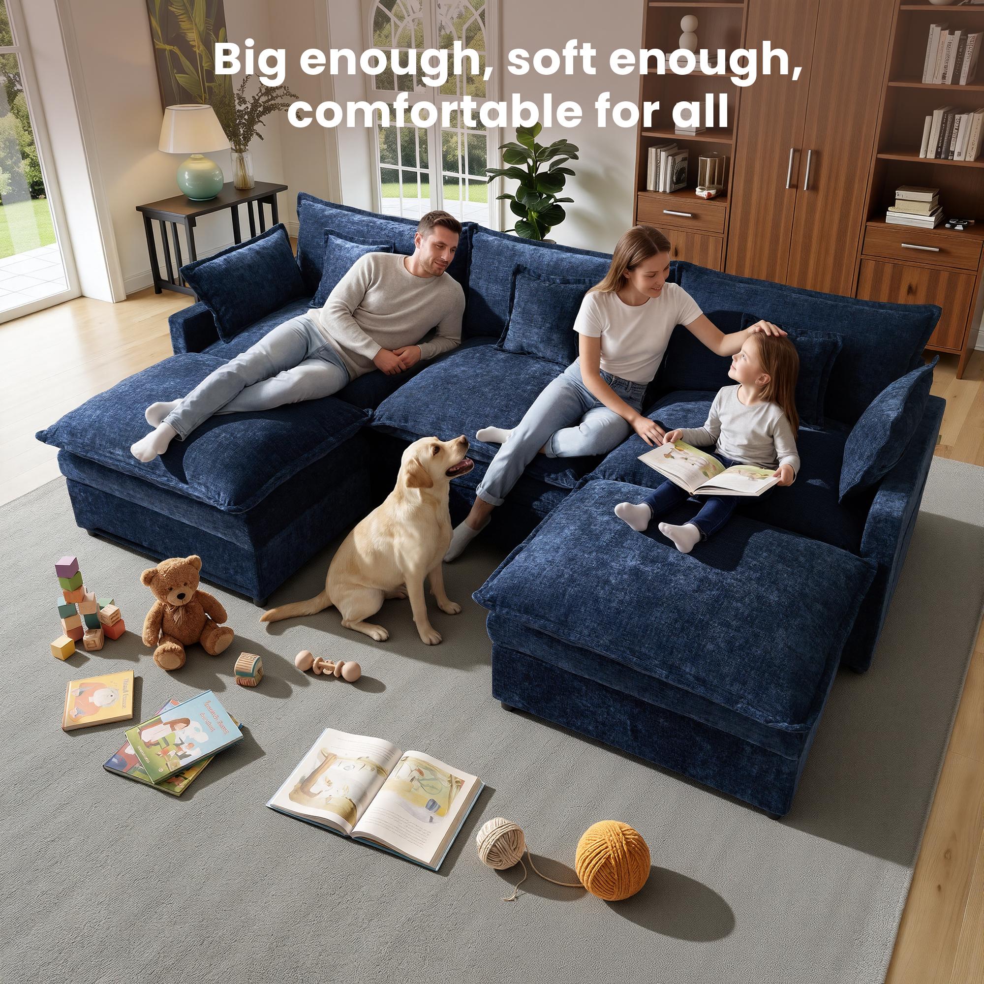 【2/3 Packages Shipping】Ovios 143" U-Shaped Modular Sectional Sofa with 2 Ottomans, Comfy Chenille Cloud Couch, Deep Seat Sofa Bed with 5 Pillows for Living Room, Bedroom & Apartment