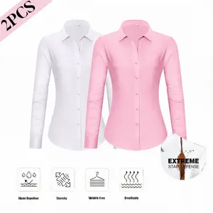 2 Pack Siliteelon Button Down Stain Shield Dress Shirts for Women Collared Wrinkle Free Dress Shirt Classic Fit Long Sleeve Tops Business Casual Work Classy Layering Blouse January Outfits Inspo