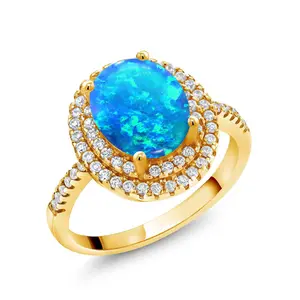 18K Yellow Gold Plated Silver  Oval Cabochon Blue Simulated Opal and White Moissanite Halo Engagement Ring for Women | 0.99 Cttw | Gemstone Birthstone | Size 5, 6, 7, 8, 9