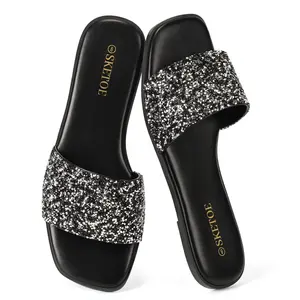 Women's Rhinestone Slippers Flat Black Sandals Sparkly Sandals Square Open Toe and bling Sandals for Casual Wear Indoor Outdoor for the beach and vacation