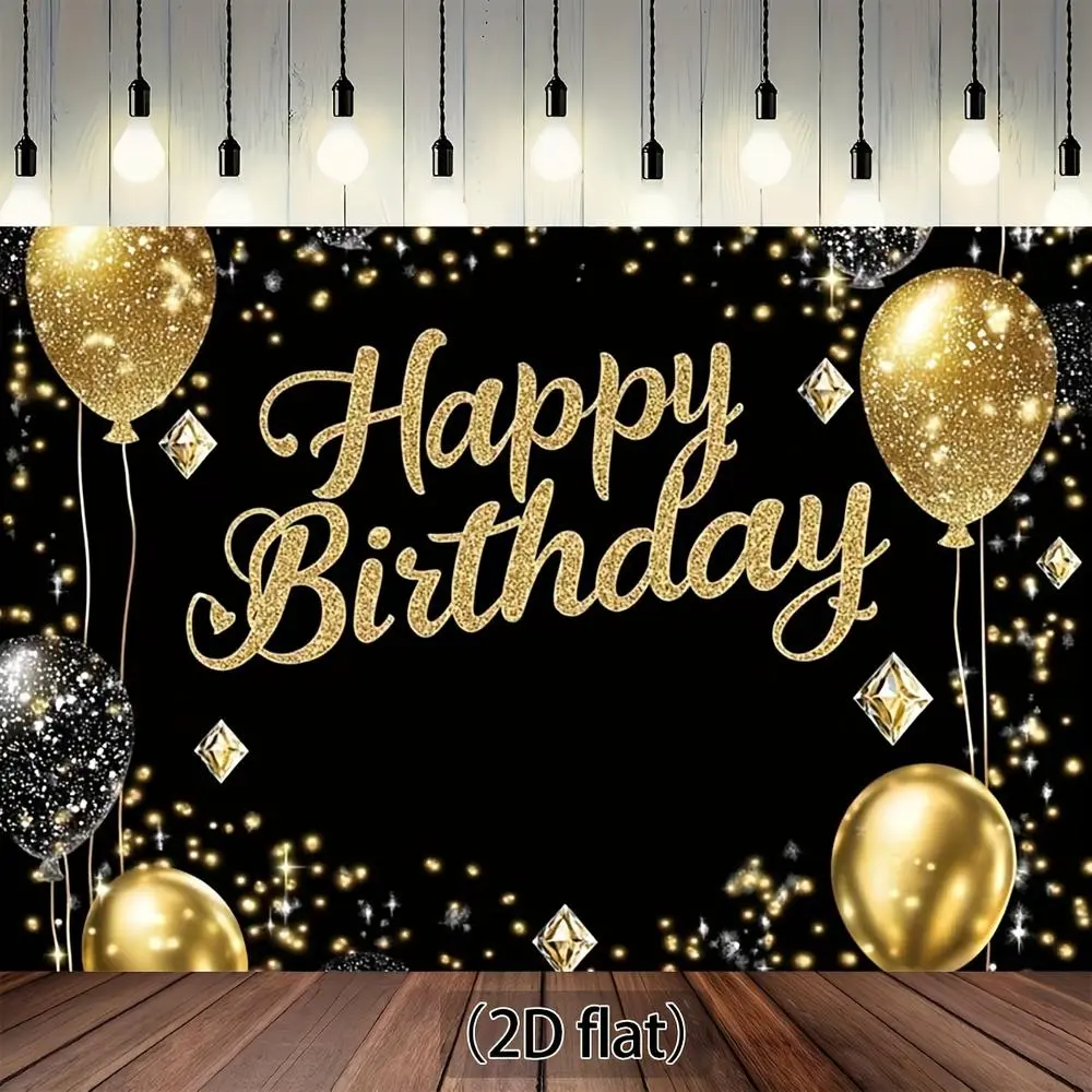 1-Piece Flat 2D Black & Golden Deluxe Birthday Party Banner with Diamond Balloons, Sparkle Effect, Elegant Polyester Photo Backdrop for Indoor/Outdoor Party Decorations Banners