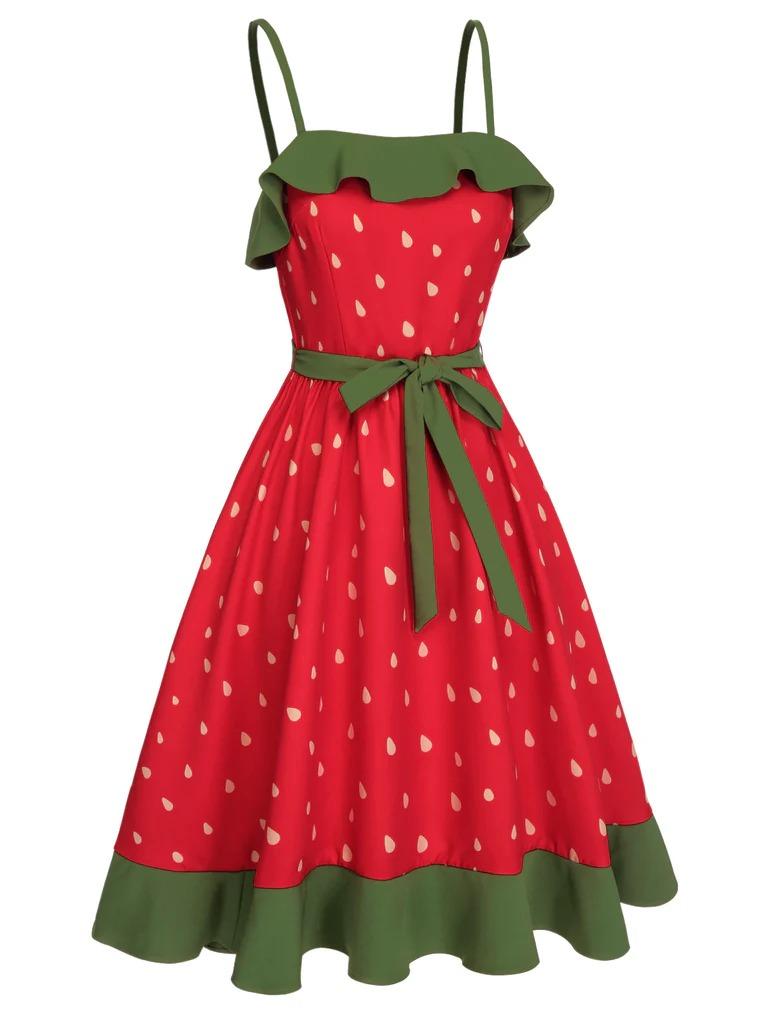 RED 1950S STRAWBERRY RUFFLE BELT DRESS Casual Boho Bohemian Sleeveless Spaghetti Strap Womenswear