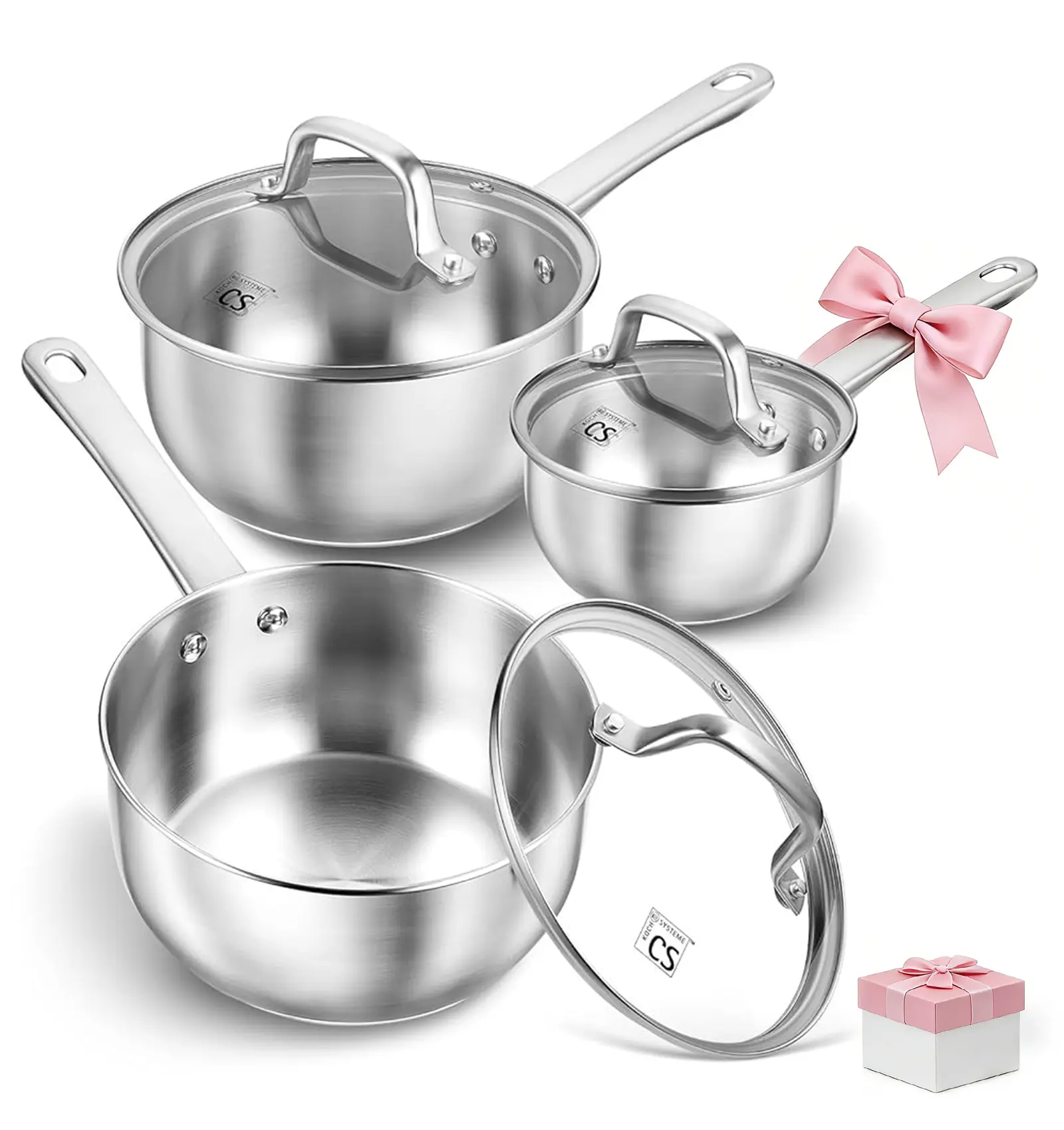 KOCH SYSTEME CS 1＋2QT/ 1＋2＋3QT  Stainless Steel Pot Set, 18/10 Premium Saucepan with Lid, Indutcion Pan, Cooking Pan, Dishwasher & Oven Safe