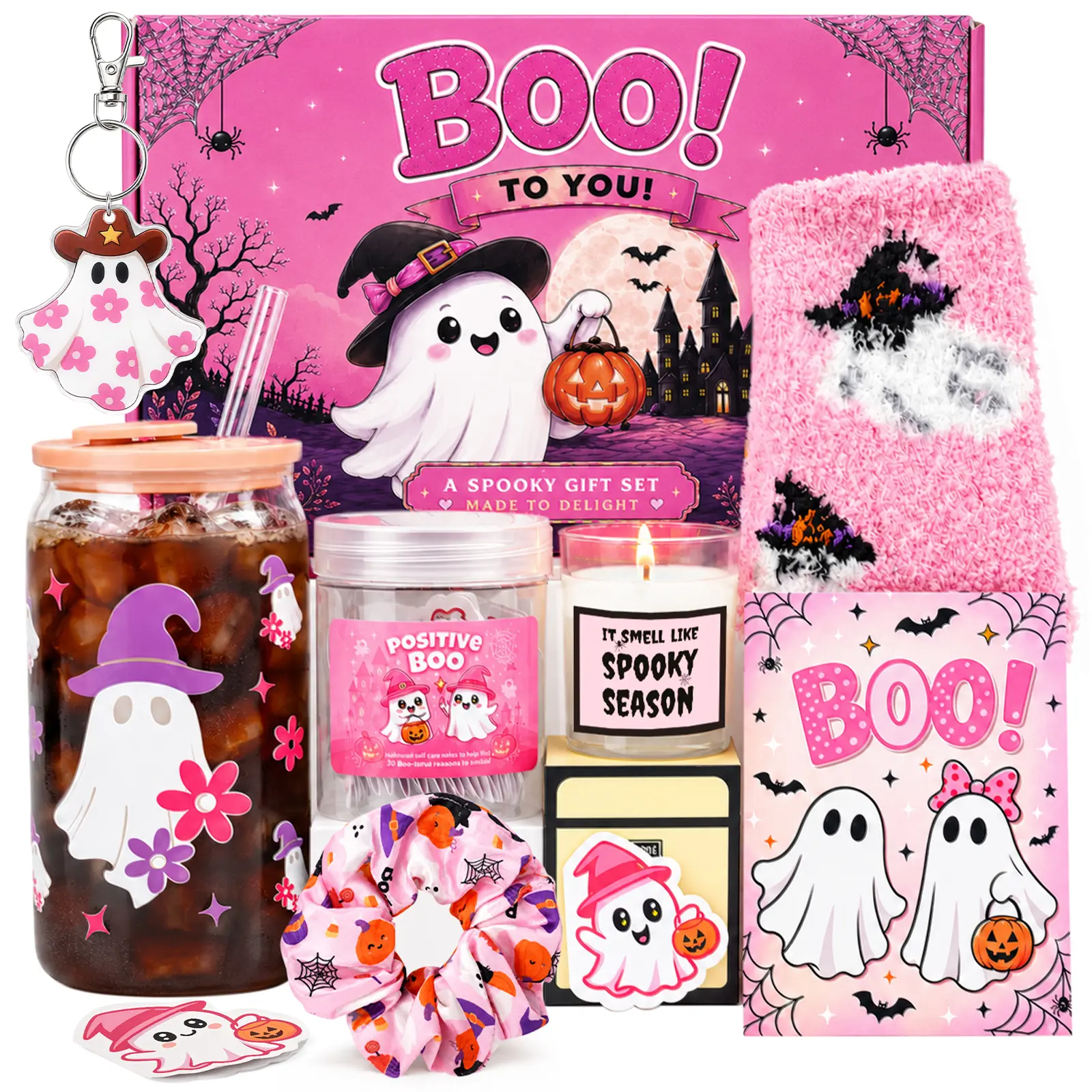 Pink Halloween Boo Basket Gift Set, Cute Ghost Spooky Gift Box with Glass Cup, Cozy Socks, CandleScrunchie, Keychain & Emotion Cards, Halloween Gifts for Girls Women  Back to School