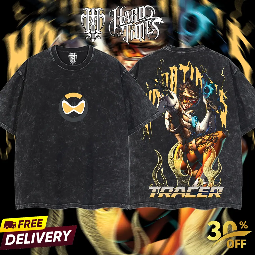 HardTimesClothing - Tracer Overwatch, Blizzard Collection Game Oversized Washed Tee Acid Washed Lightweight TSHIRT, Gift for him her Clothes Cotton Top Womenswear