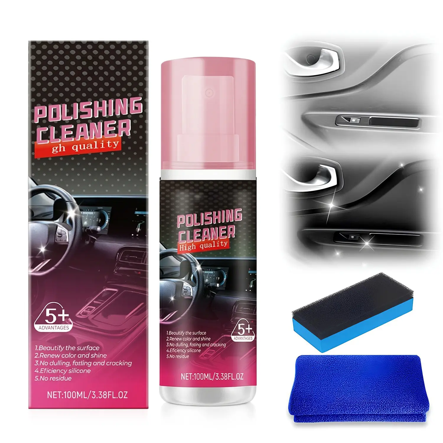 Car Interior Detailing Kit - Car Interior Cleaning Spray, Instant Shine & Protection Car Interior Polisher with Sponge Applicator and Microfiber Cloth, Car Detailing Accessories