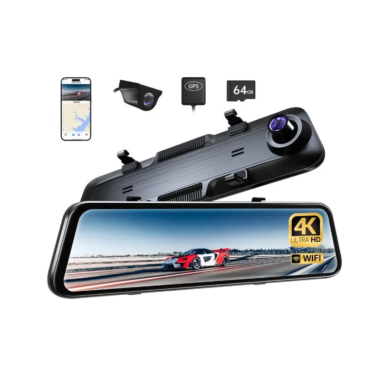 4K WiFi Rearview Mirror Camera, 12inch Mirror Dual Camera, ADAS and BSD, GPS, Comes with 64GB Memory Card, Wide Dynamic Night Vision, Voice Control