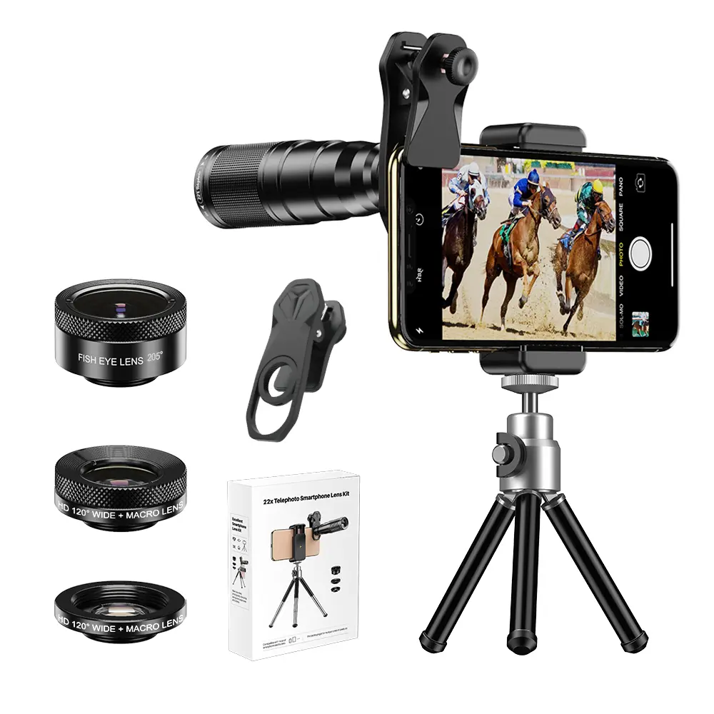 APEXEL 6-in-1 Pro Smartphone Camera Lens Kit, Portable Accessories for iPhone & Android - 22X Telephoto Lens, 205° Fisheye, 120° Wide Angle, 25X Macro Lenses with Tripod & Case - Ideal for Concerts, Outdoors - For Content Creators, Protection
