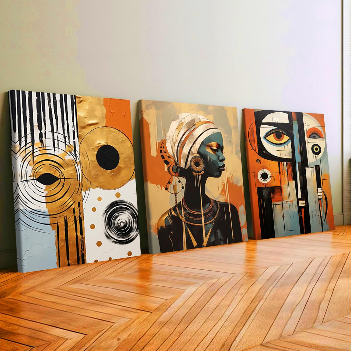 3Pcs Wooden Framed Canvas Painting, African Woman Abstract Geometric Shapes Gold Orange, Exquisite Poster, Home Decoration, Pattern Wall Art Decor, For Living Room, Bedroom, Office, Restaurant, Bar Wall Decor, Odorless, Painting, Print Artwork
